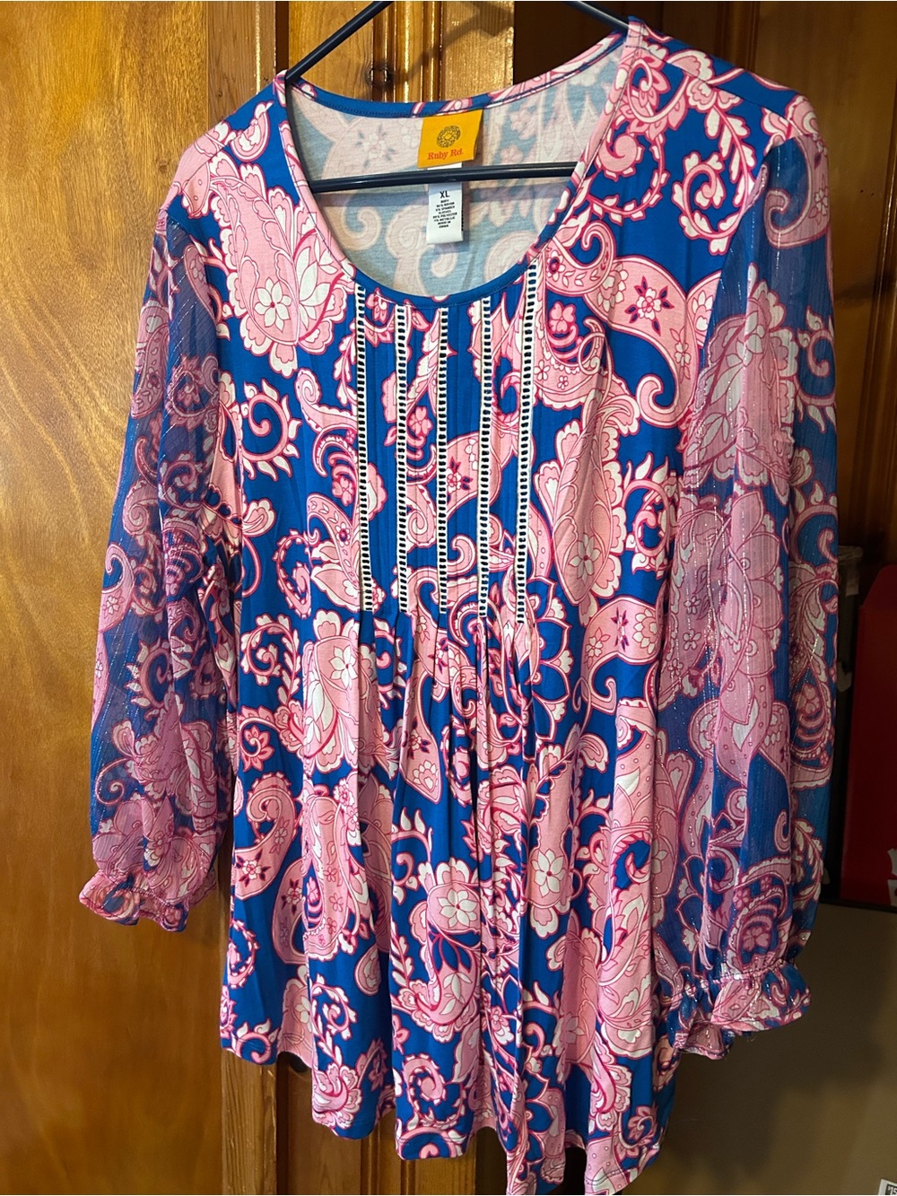 Ruby Rd. Pink and Blue Paisley Pintuck Blouse